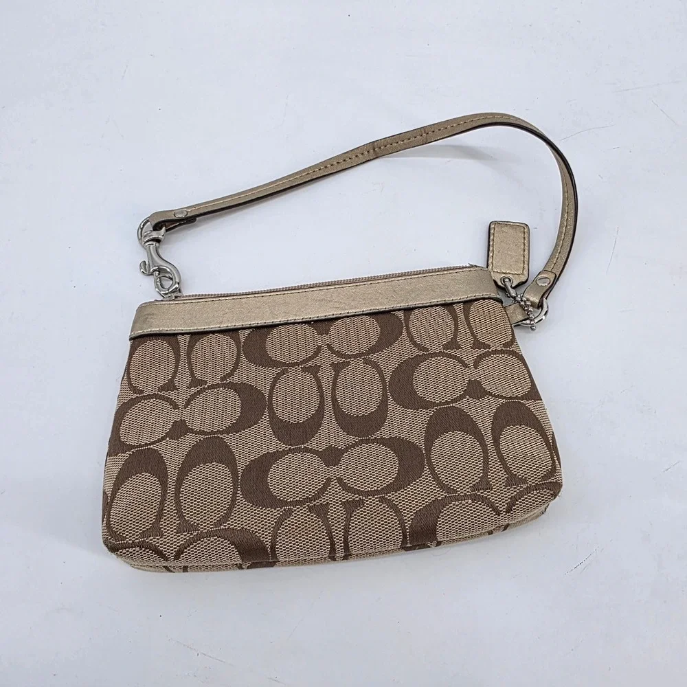 Coach Signature Canvas Metallic Gold Trim Wristlet Small Handbag Bag